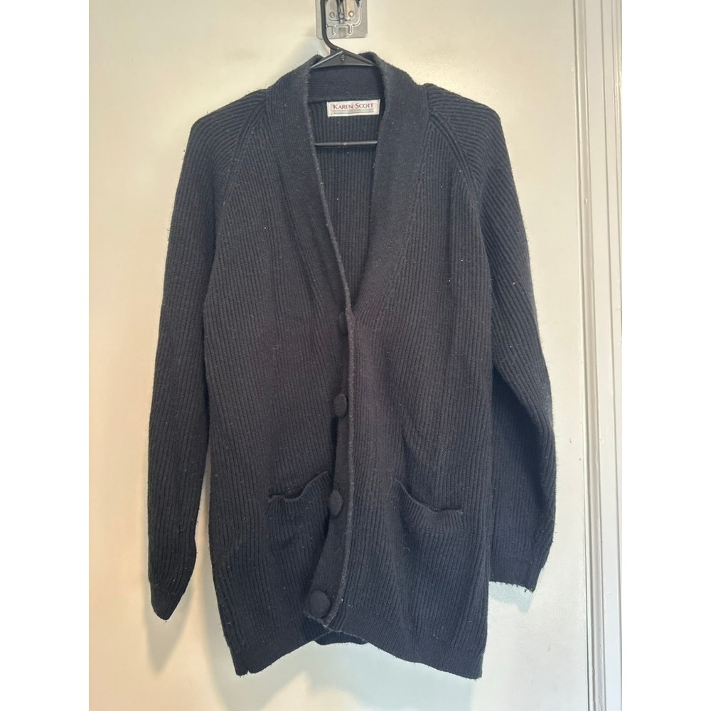 Karen Scott Classic Grandpacore Cardigan Sz:M Black Ribbed Knit Shawl Collar
